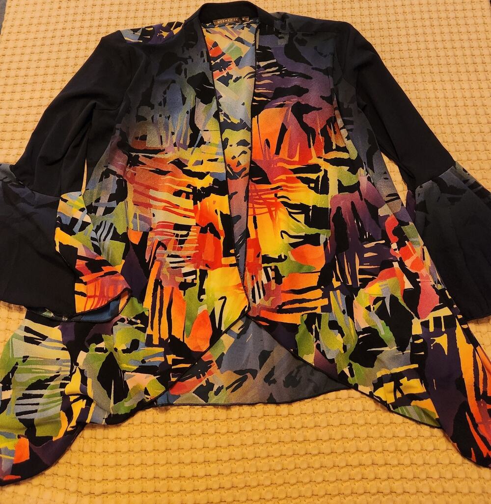 Mesmerize Women's M Multicolor Abstract Cardigan Open Front Bell Sleeve Artsy